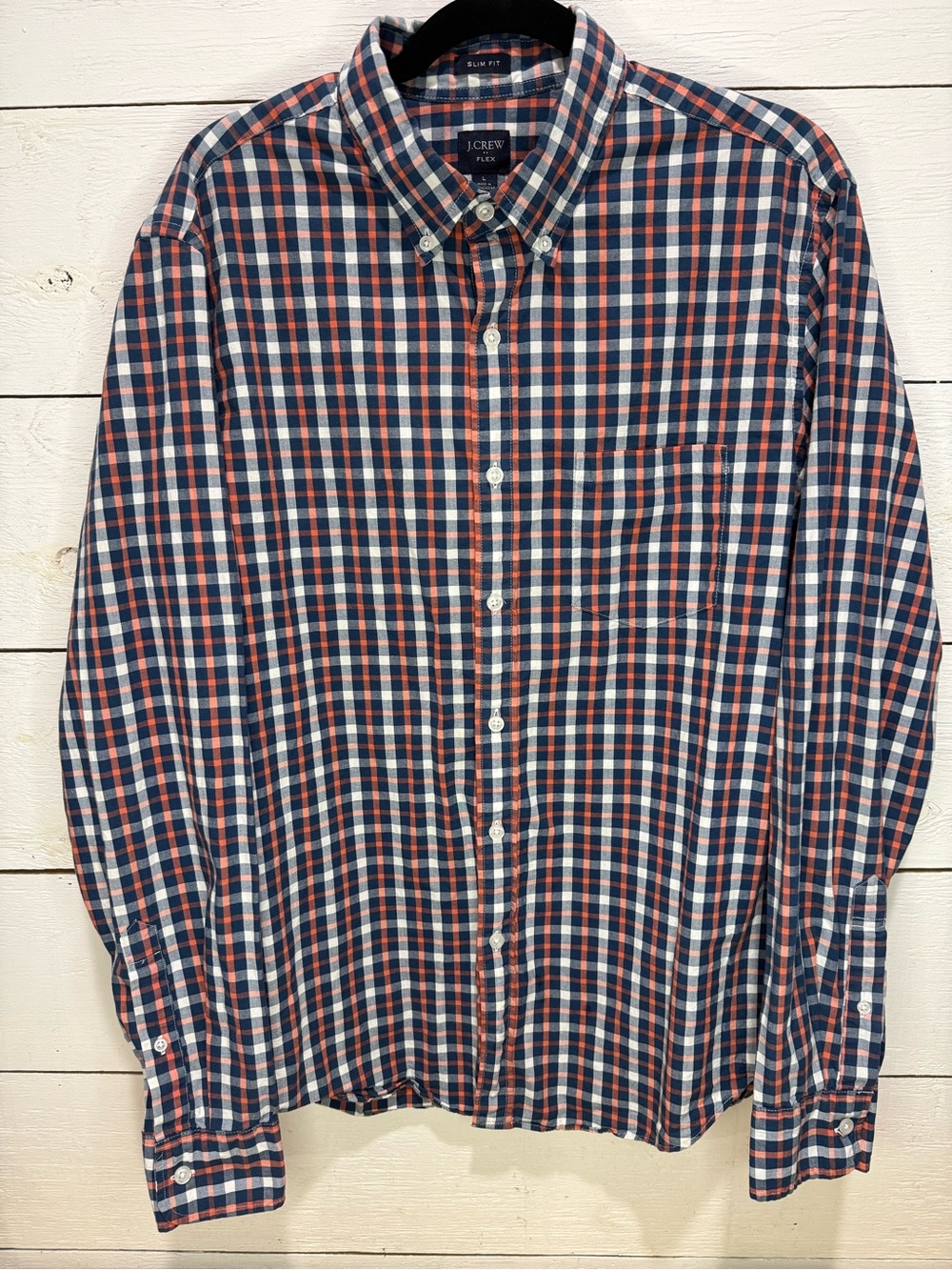 J.CREW Mens Slim Fit Long Sleeve Plaid Shirt Orange Blue Size L UF Gator Cotton